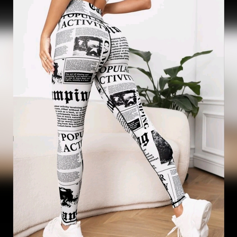 NWOT Sexy Newspaper Letter Print Leggings Tights Yoga Gym Pants